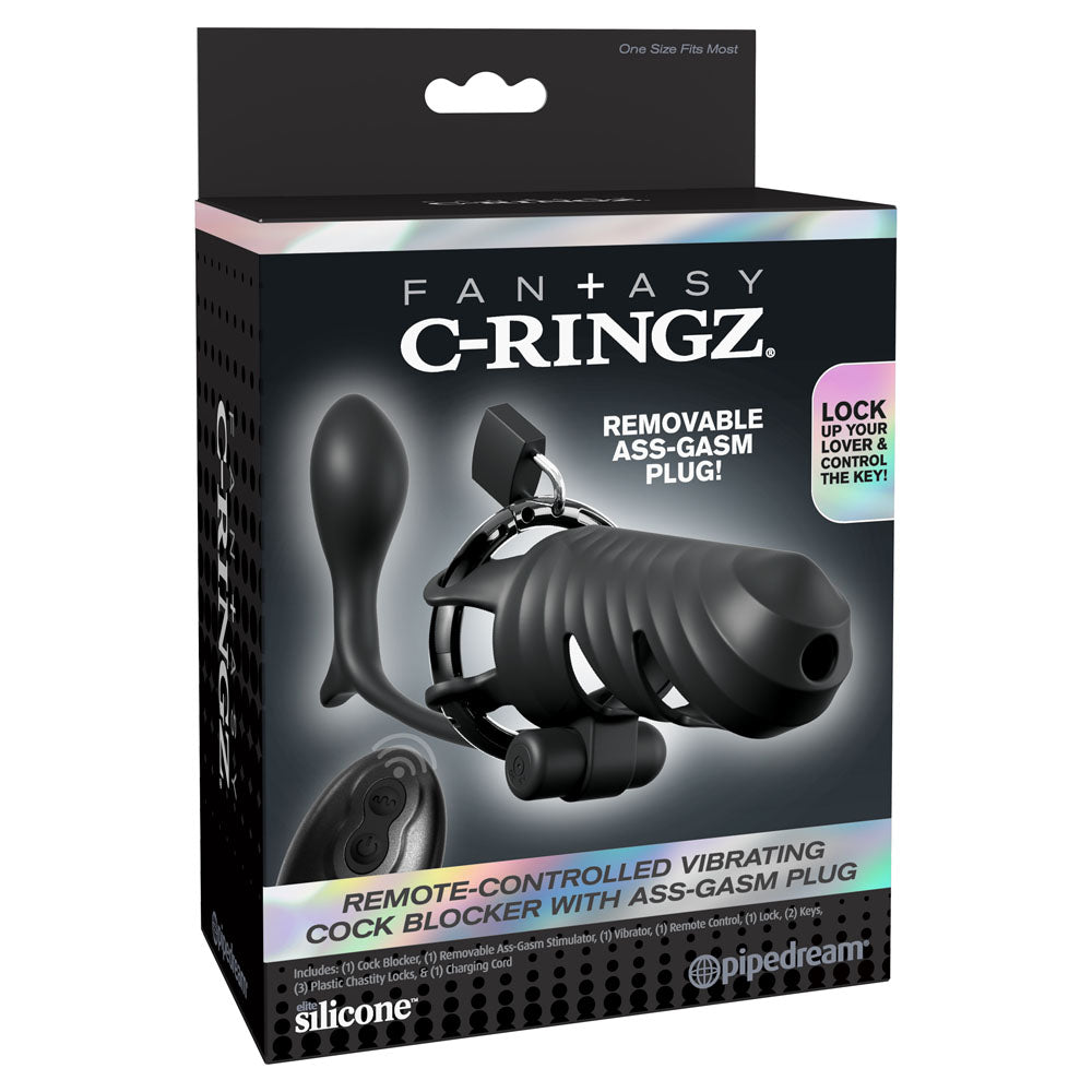 Fantasy C-Ringz Remote-Controlled Vibrating Cock Blocker with Ass-Gasm Plug - Black Vibrating Cock Cage with Anal Plug - Hush Store Sydney 