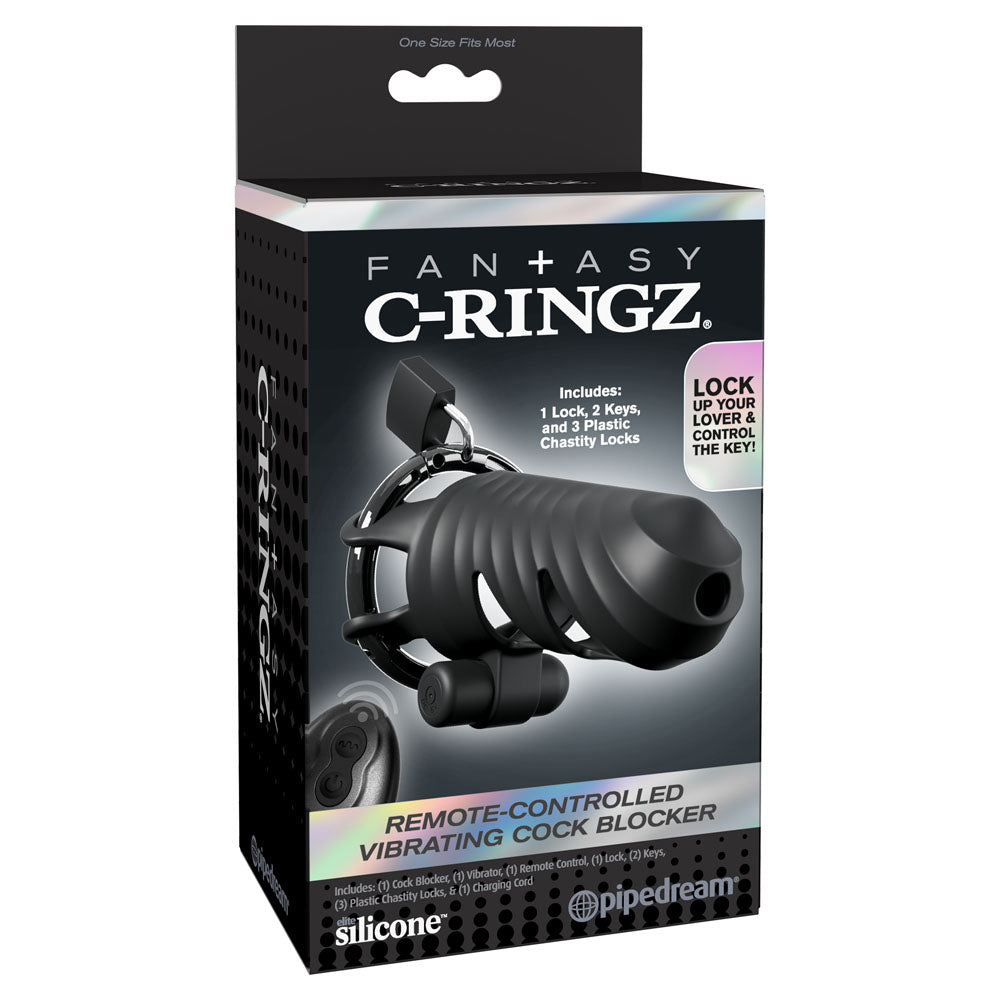 Fantasy C-Ringz Remote-Controlled Vibrating Cock Blocker - Black Vibrating Cock Cage - Hush Store Sydney 