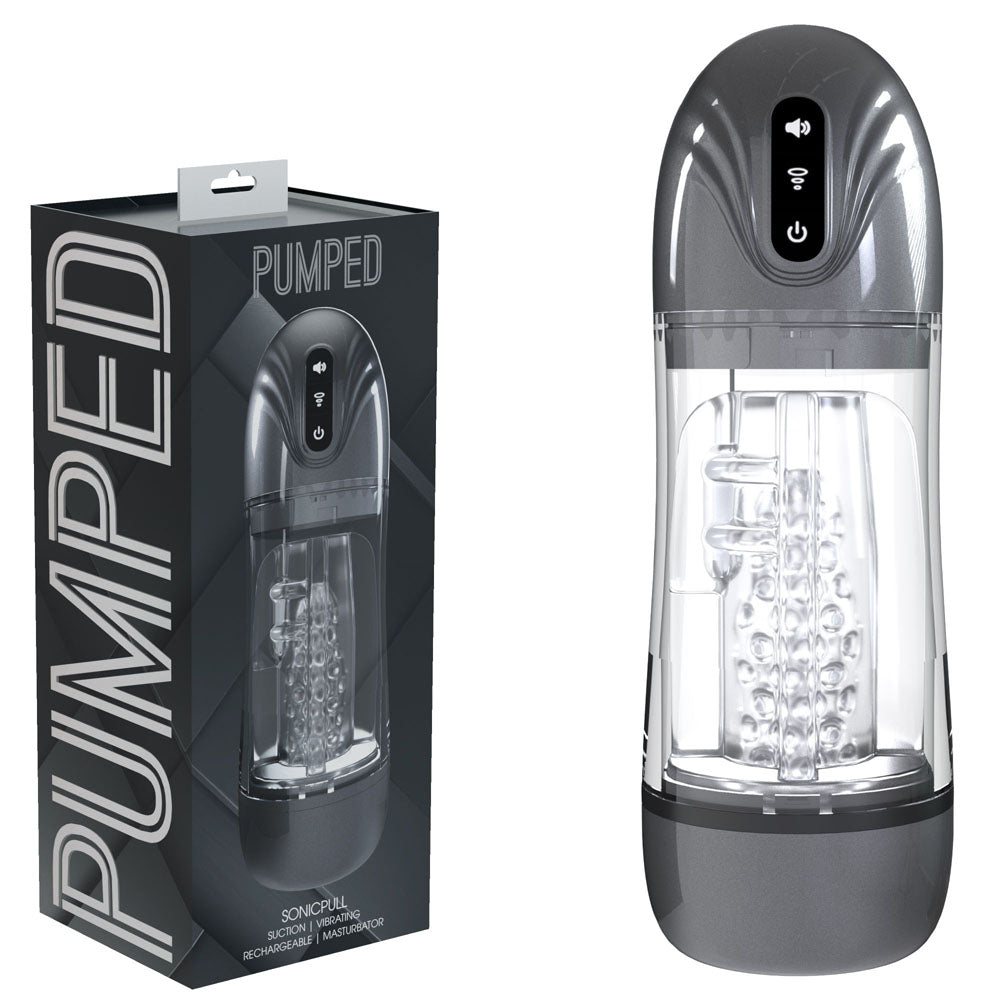 PUMPED SonicPull - Gunmetal - Gunmetal Grey/Clear USB Rechargeable Sucking And Vibrating Auto Masturbator - Hush Store Sydney 