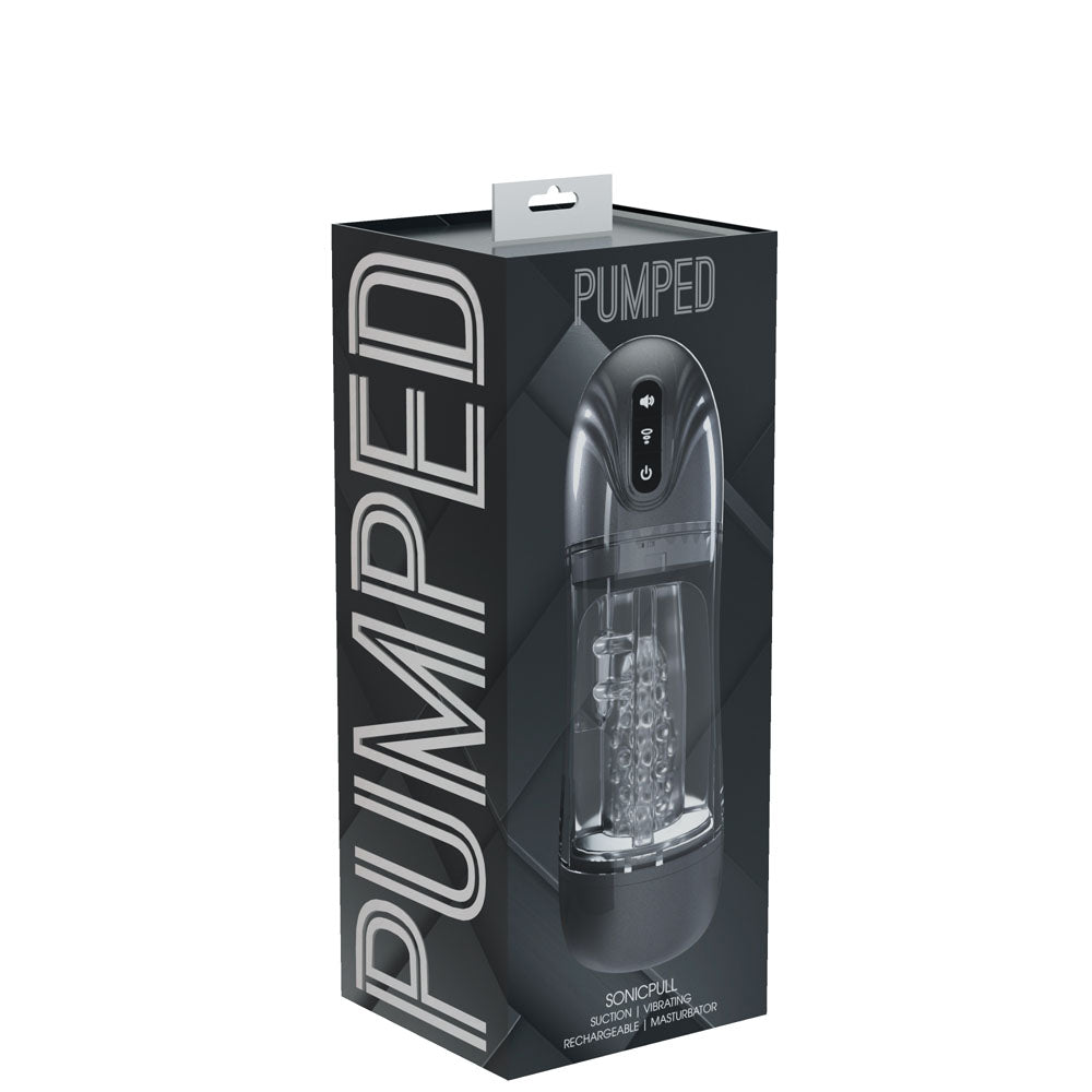 PUMPED SonicPull - Gunmetal - Gunmetal Grey/Clear USB Rechargeable Sucking And Vibrating Auto Masturbator - Hush Store Sydney 