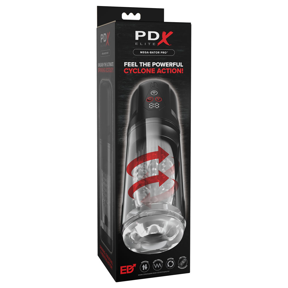 PDX Elite Mega-Bator Pro - Clear USB Rechargeable Vibrating & Spinning Auto Stroker