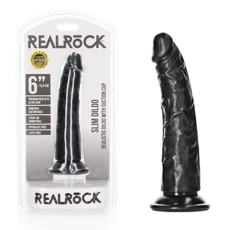 REALROCK Realistic Slim Dildo without Balls - 15.5 cm - Black 15.5 cm (6'') Dong - Hush Store Sydney 