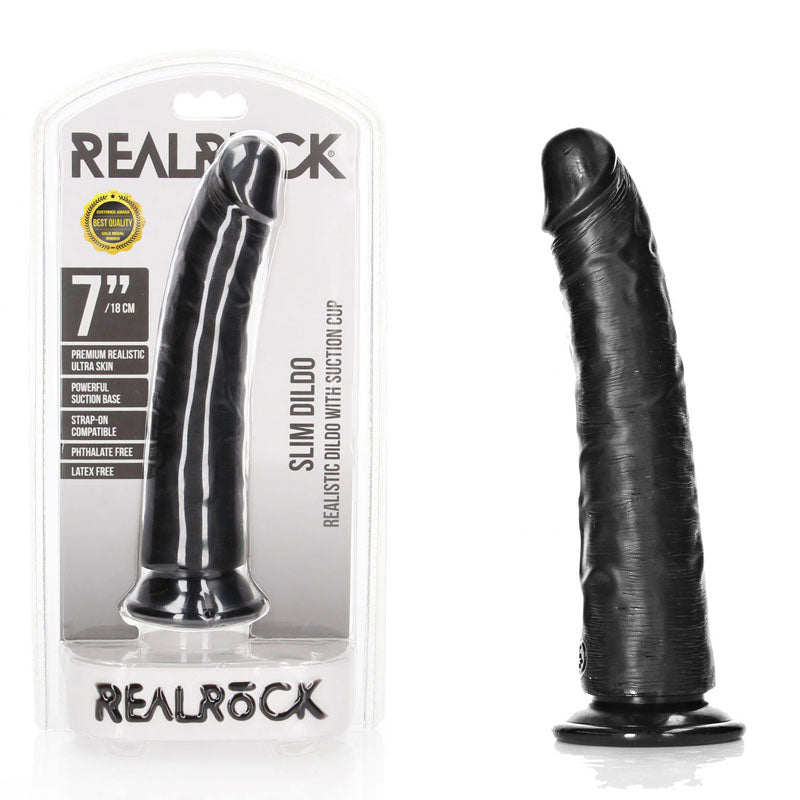 REALROCK Realistic Slim Dildo with Suction Cup - 18cm - Black 18 cm (7'') Dong - Hush Store Sydney 