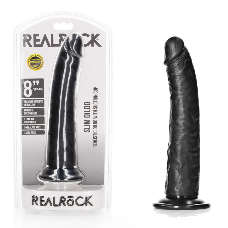 REALROCK Realistic Slim Dildo with Suction Cup - 20.5cm - Black 20.5 cm (8'') Dong - Hush Store Sydney 