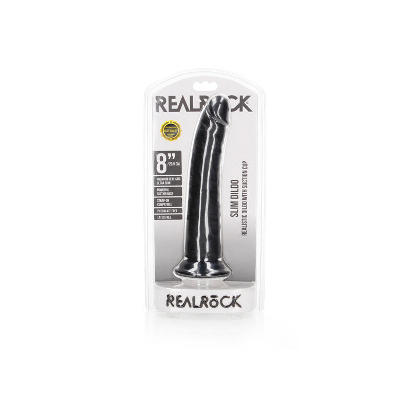 REALROCK Realistic Slim Dildo with Suction Cup - 20.5cm - Black 20.5 cm (8'') Dong - Hush Store Sydney 