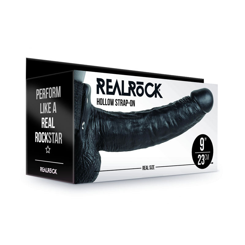 REALROCK Hollow Strapon with Balls - 23 cm Black - Black 23 cm Hollow Strap-On - Hush Store Sydney 
