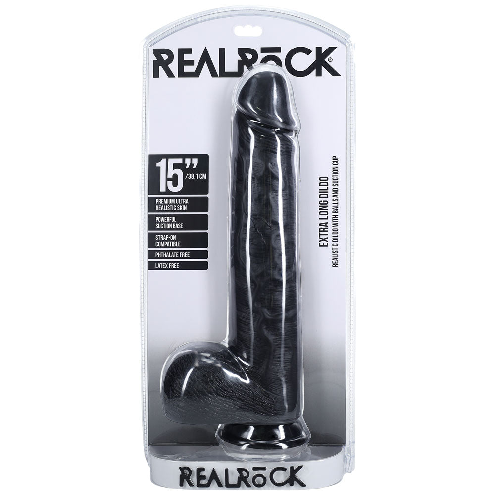 REALROCK 38cm Extra Long Dildo with Balls - Black - Black 38 cm (15'') Extra Long Dong - Hush Store Sydney 