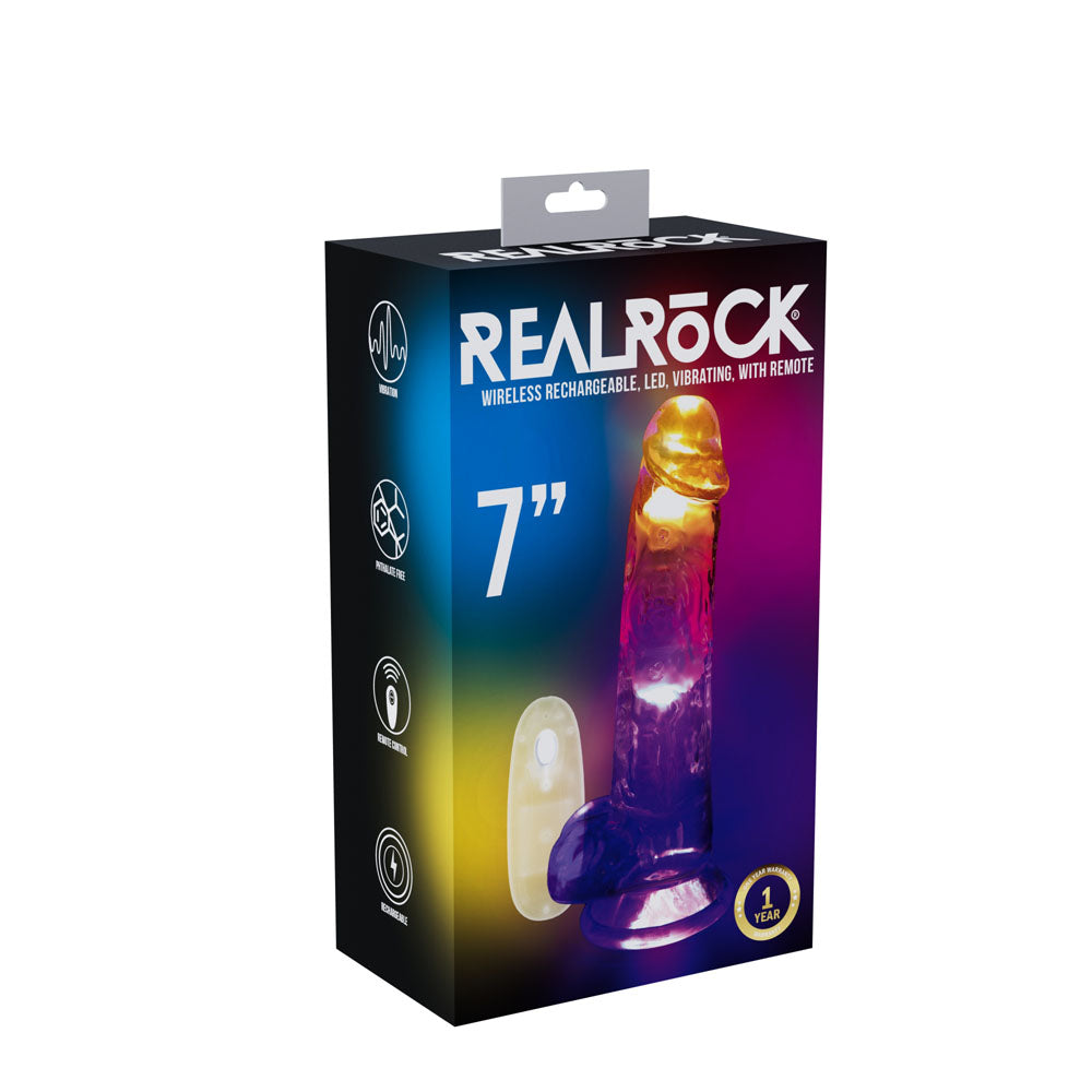 REALROCK 7'' with Balls Wireless Rechargeable LED Vibrating Dong - Clear with LED 19.5 cm USB Rechargeable Vibrating Dong with Remote