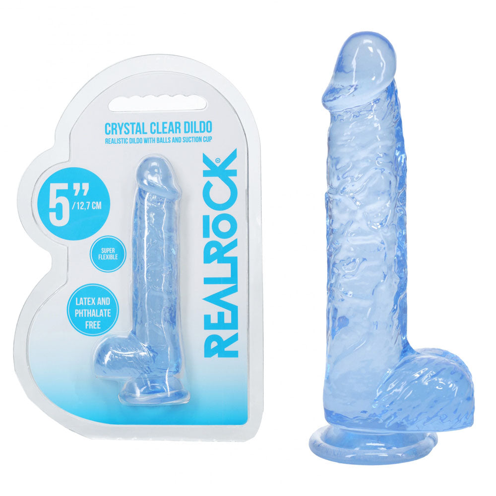 REALROCK 5'' Crystal Clear Dildo with Balls - Blue - Clear Blue 14.7 cm Dong - Hush Store Sydney 