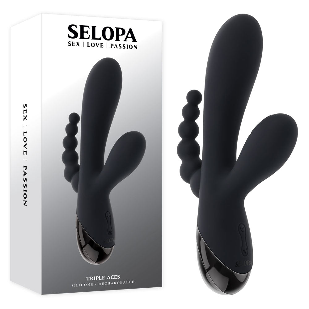 Selopa TRIPLE ACES - Black 19.7 cm USB Rechargeable Triple Stimulator Vibrator - Hush Store Sydney 