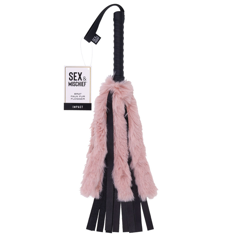 Sex & Mischief Brat Faux Fur Flogger - Black 50 cm Whip with Pink Faux Feather - Hush Store Sydney 