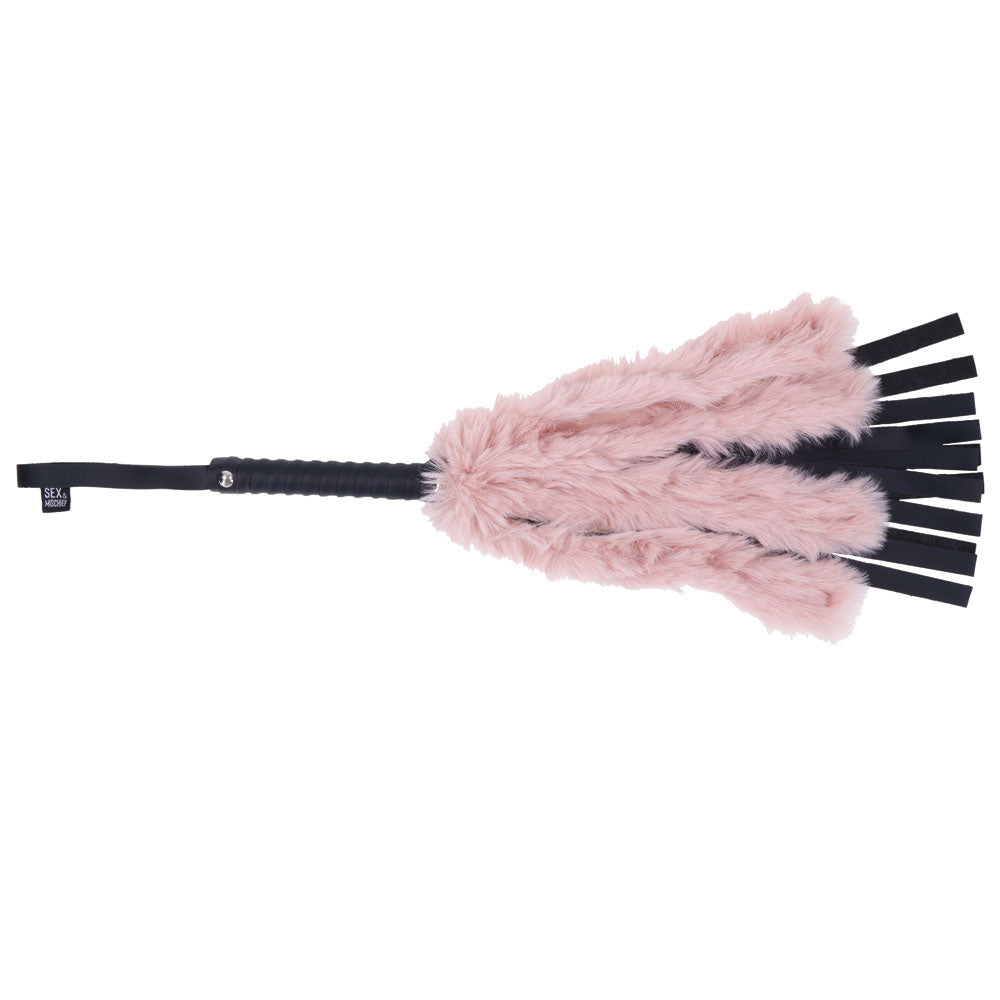 Sex & Mischief Brat Faux Fur Flogger - Black 50 cm Whip with Pink Faux Feather - Hush Store Sydney 