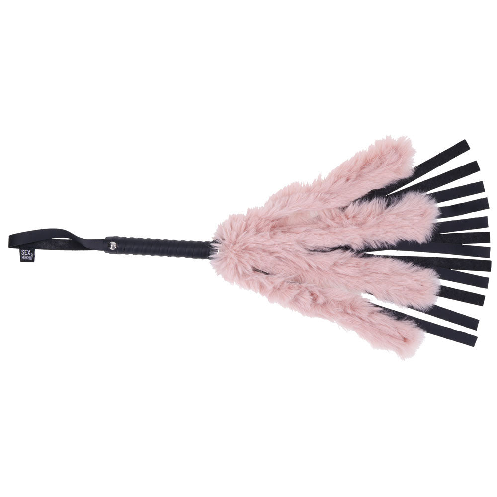 Sex & Mischief Brat Faux Fur Flogger - Black 50 cm Whip with Pink Faux Feather - Hush Store Sydney 