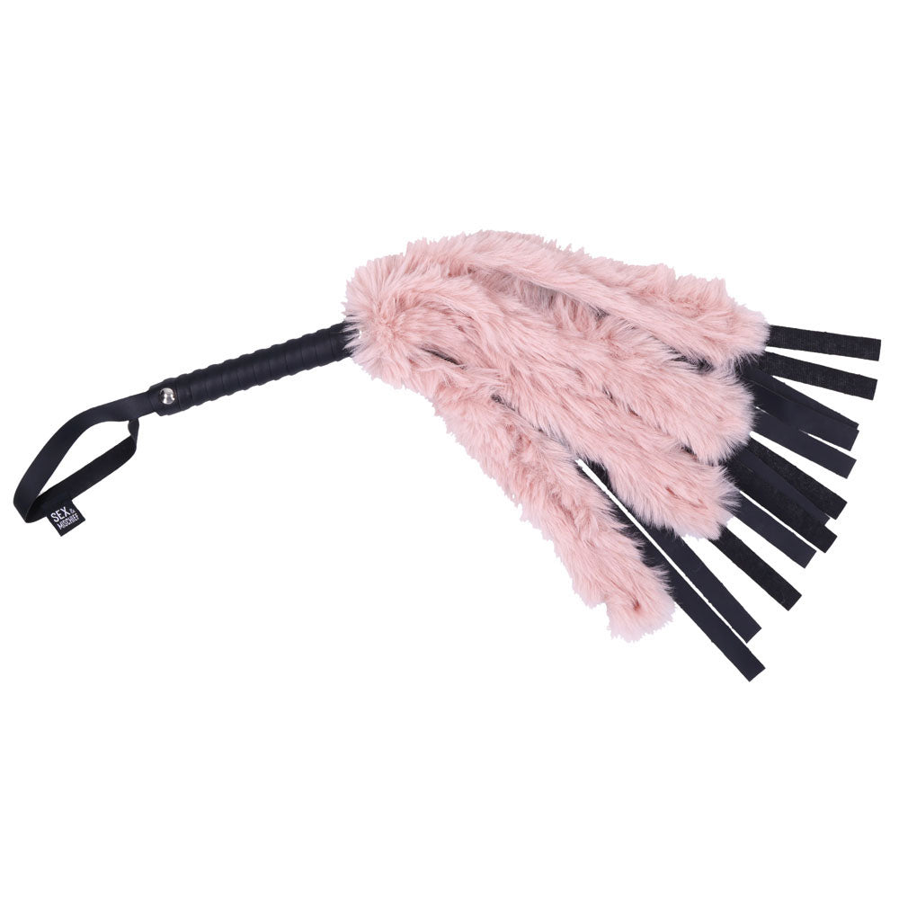 Sex & Mischief Brat Faux Fur Flogger - Black 50 cm Whip with Pink Faux Feather - Hush Store Sydney 