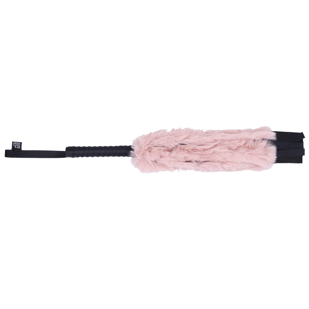 Sex & Mischief Brat Faux Fur Flogger - Black 50 cm Whip with Pink Faux Feather - Hush Store Sydney 