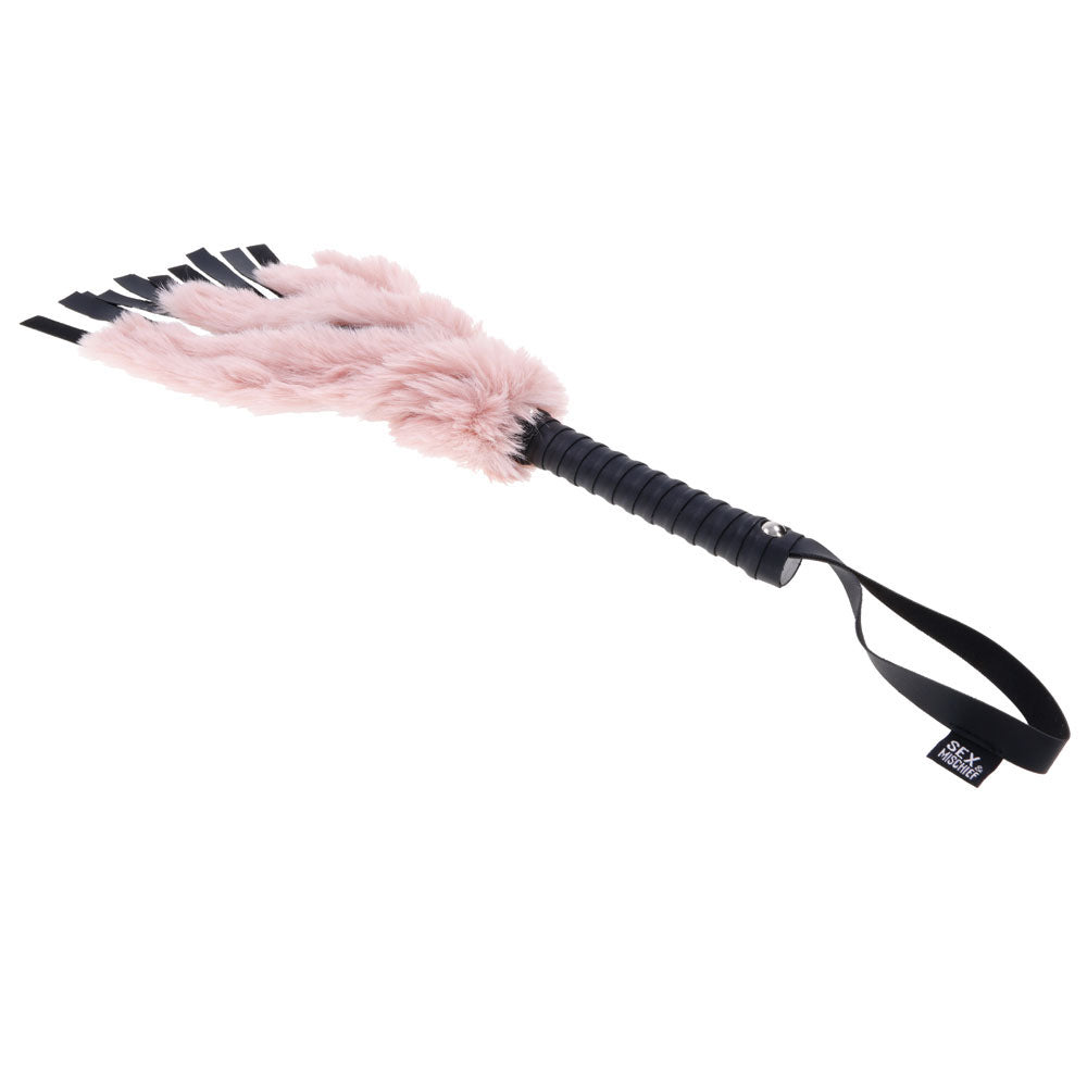 Sex & Mischief Brat Faux Fur Flogger - Black 50 cm Whip with Pink Faux Feather - Hush Store Sydney 