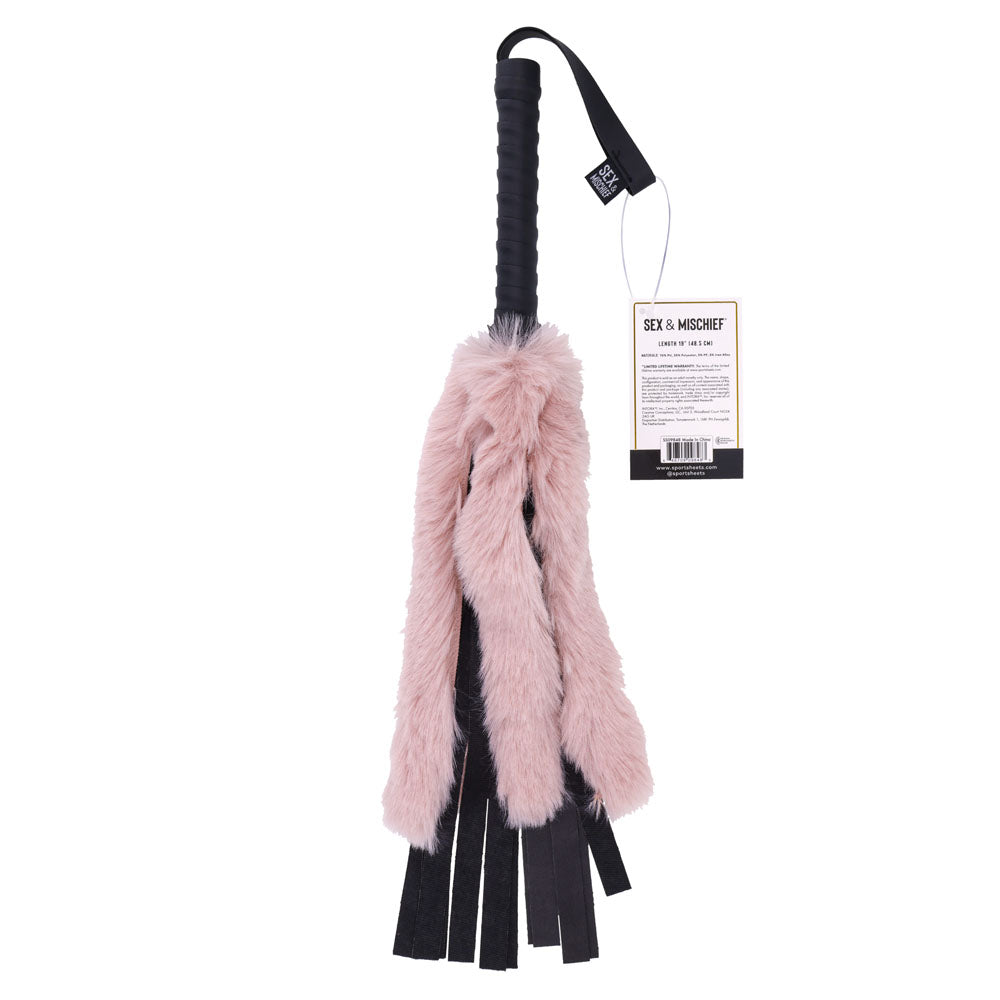 Sex & Mischief Brat Faux Fur Flogger - Black 50 cm Whip with Pink Faux Feather - Hush Store Sydney 