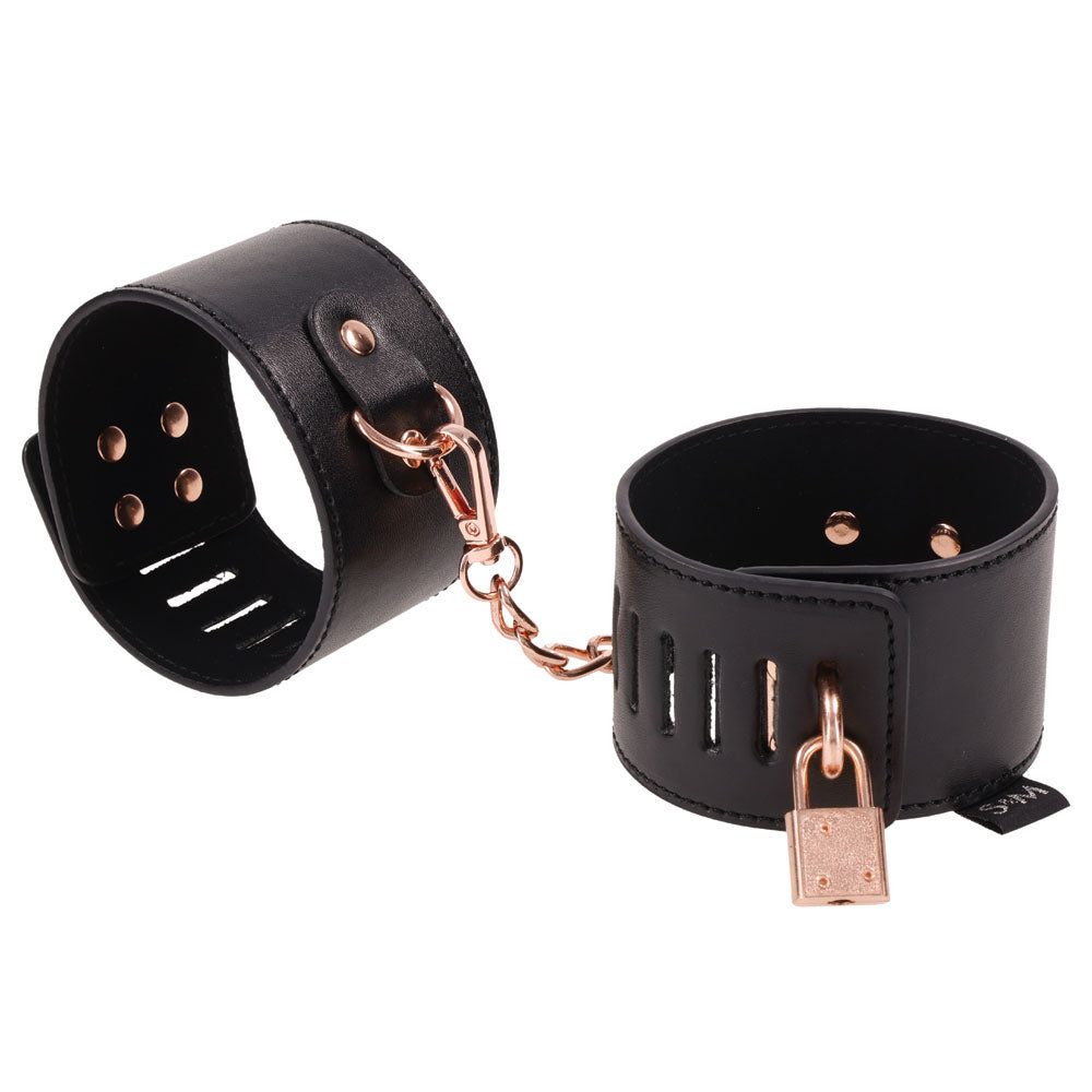 Sex & Mischief Brat Locking Cuffs - Black/Rose Gold Hand Cuffs - Hush Store Sydney 
