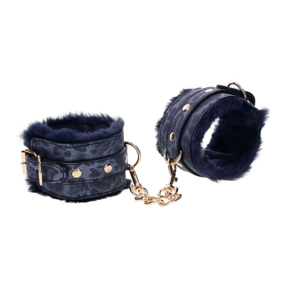 Sex & Mischief Cougar Fur Handcuffs - Navy Blue/Gold Furry Restraints - Hush Store Sydney 