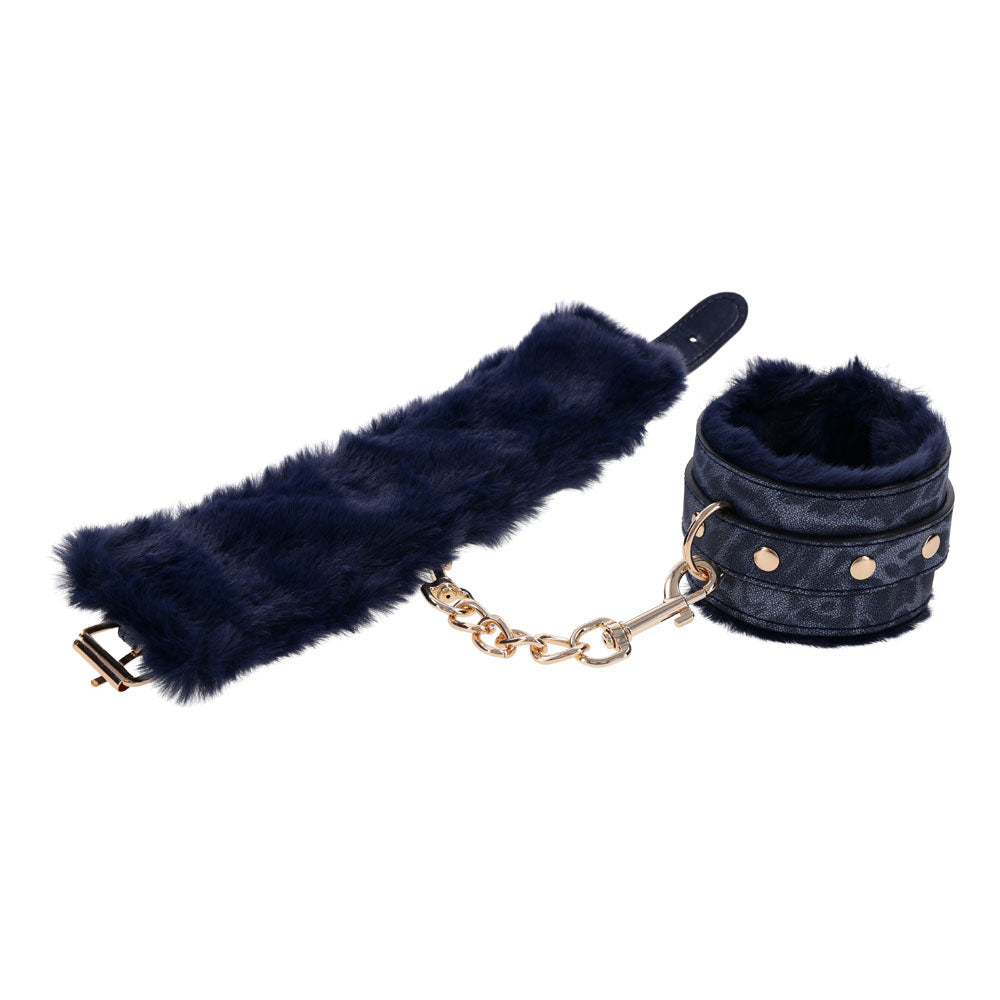 Sex & Mischief Cougar Fur Handcuffs - Navy Blue/Gold Furry Restraints - Hush Store Sydney 