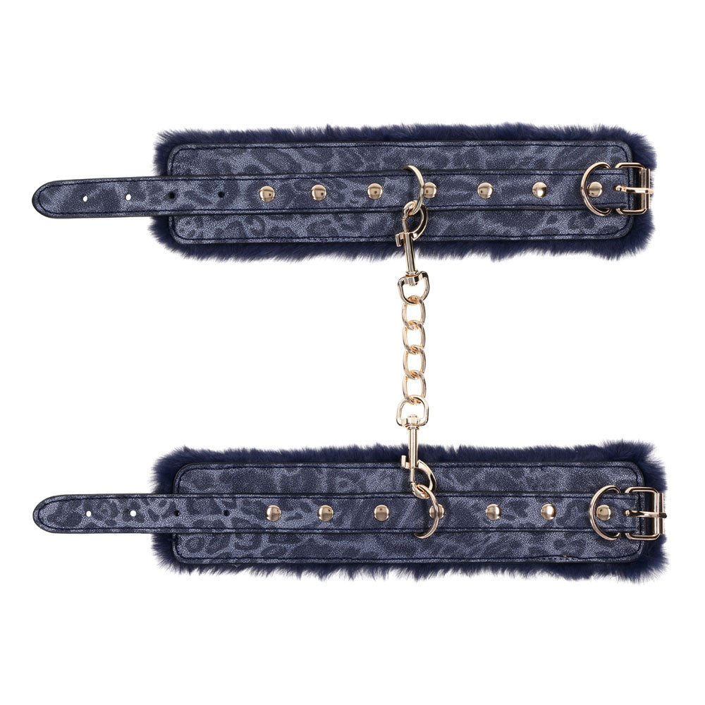 Sex & Mischief Cougar Fur Handcuffs - Navy Blue/Gold Furry Restraints - Hush Store Sydney 