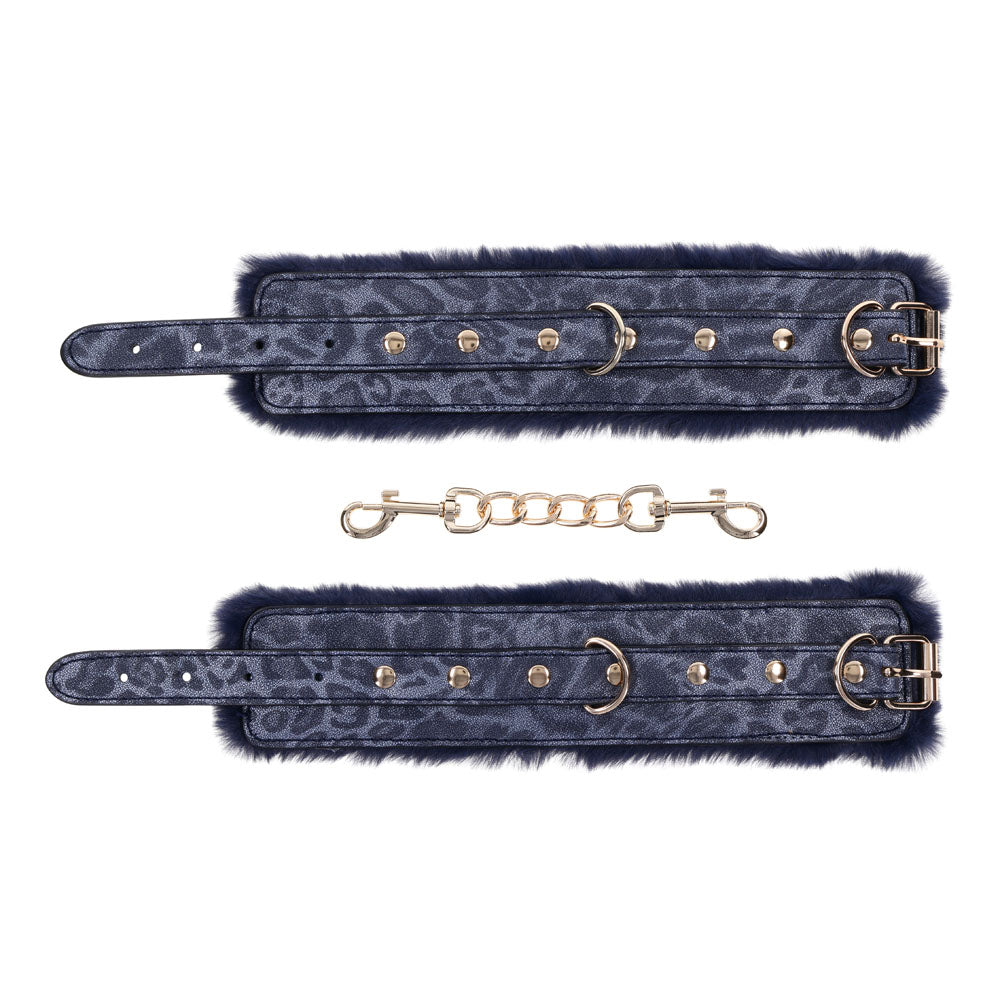 Sex & Mischief Cougar Fur Handcuffs - Navy Blue/Gold Furry Restraints - Hush Store Sydney 