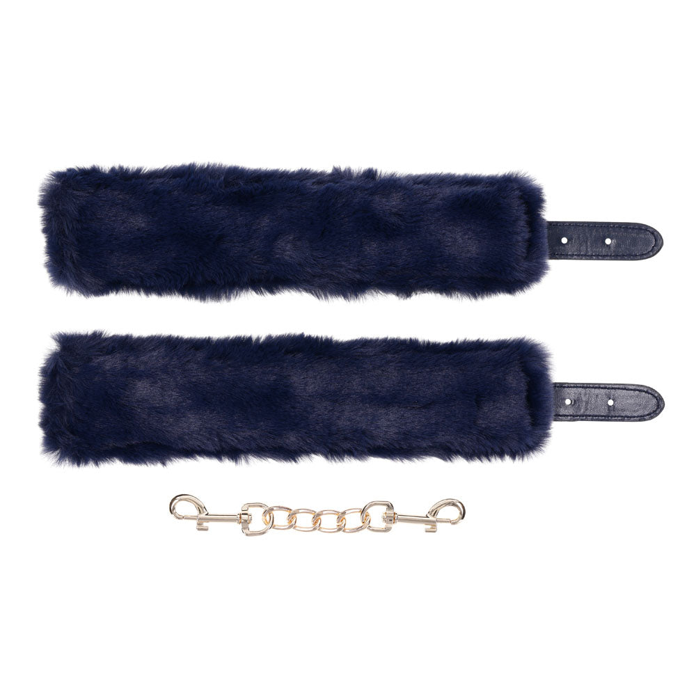 Sex & Mischief Cougar Fur Handcuffs - Navy Blue/Gold Furry Restraints - Hush Store Sydney 