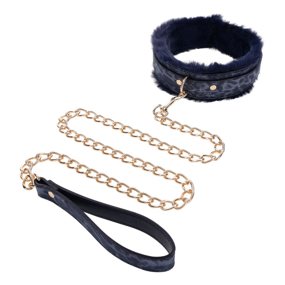 Sex & Mischief Cougar Fur Collar & Leash - Navy Blue/Gold Furry Restraint - Hush Store Sydney 