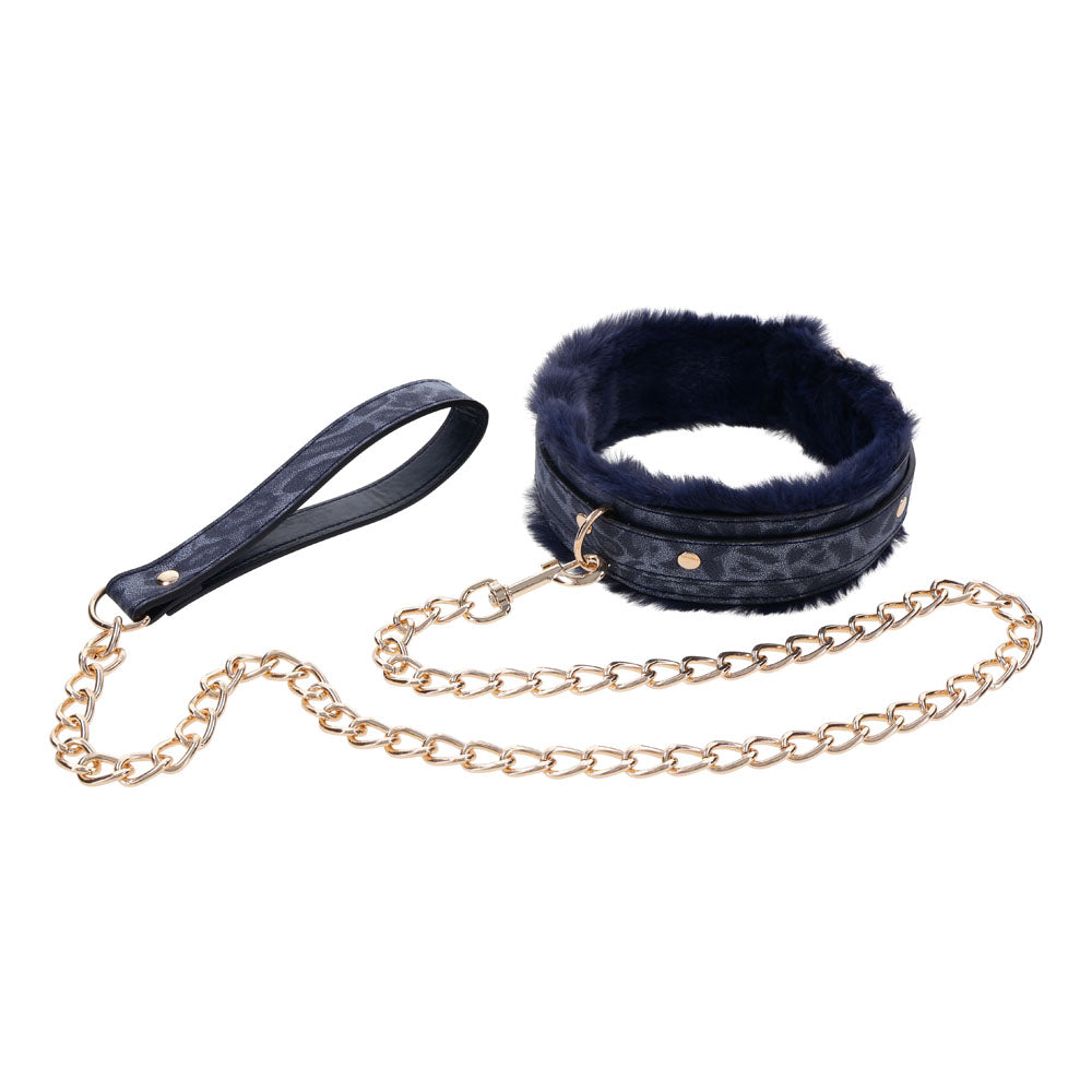 Sex & Mischief Cougar Fur Collar & Leash - Navy Blue/Gold Furry Restraint - Hush Store Sydney 