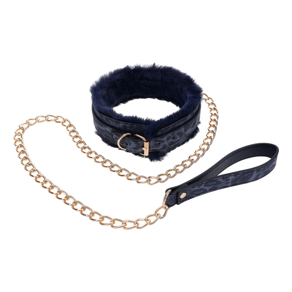 Sex & Mischief Cougar Fur Collar & Leash - Navy Blue/Gold Furry Restraint - Hush Store Sydney 