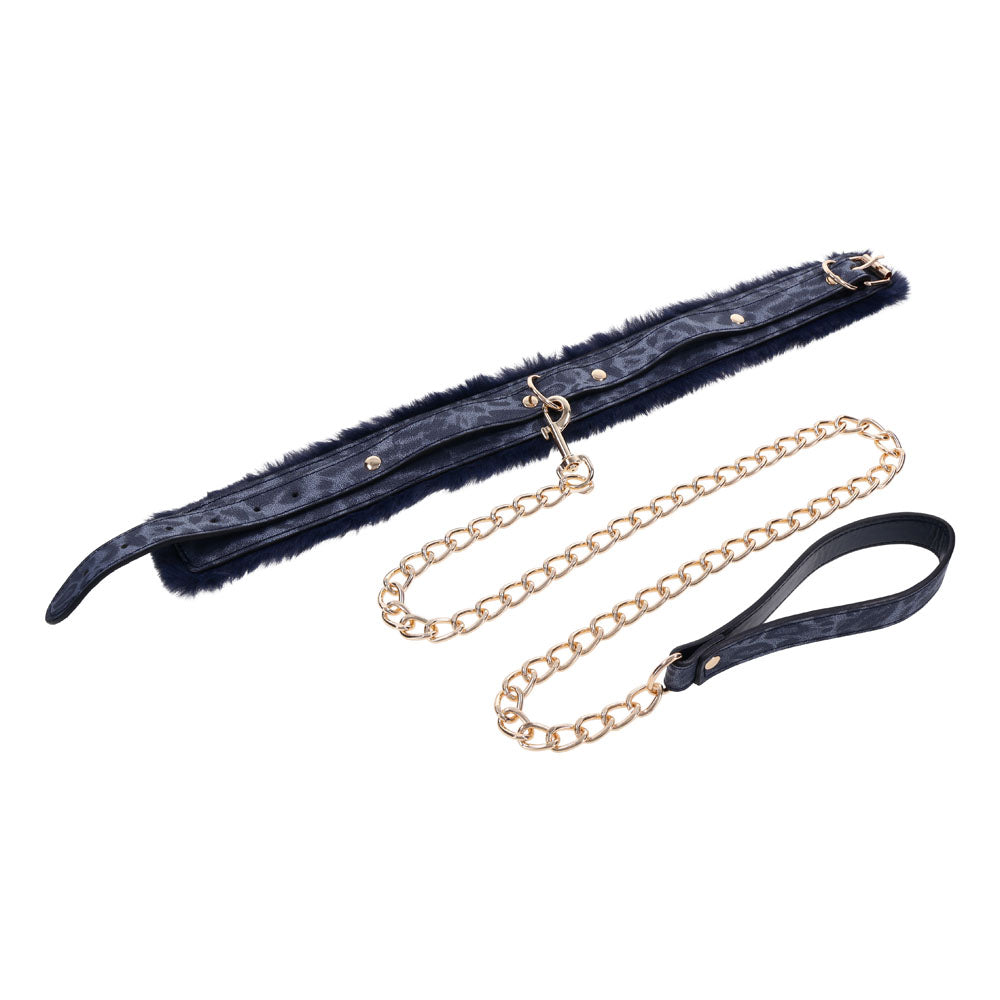 Sex & Mischief Cougar Fur Collar & Leash - Navy Blue/Gold Furry Restraint - Hush Store Sydney 