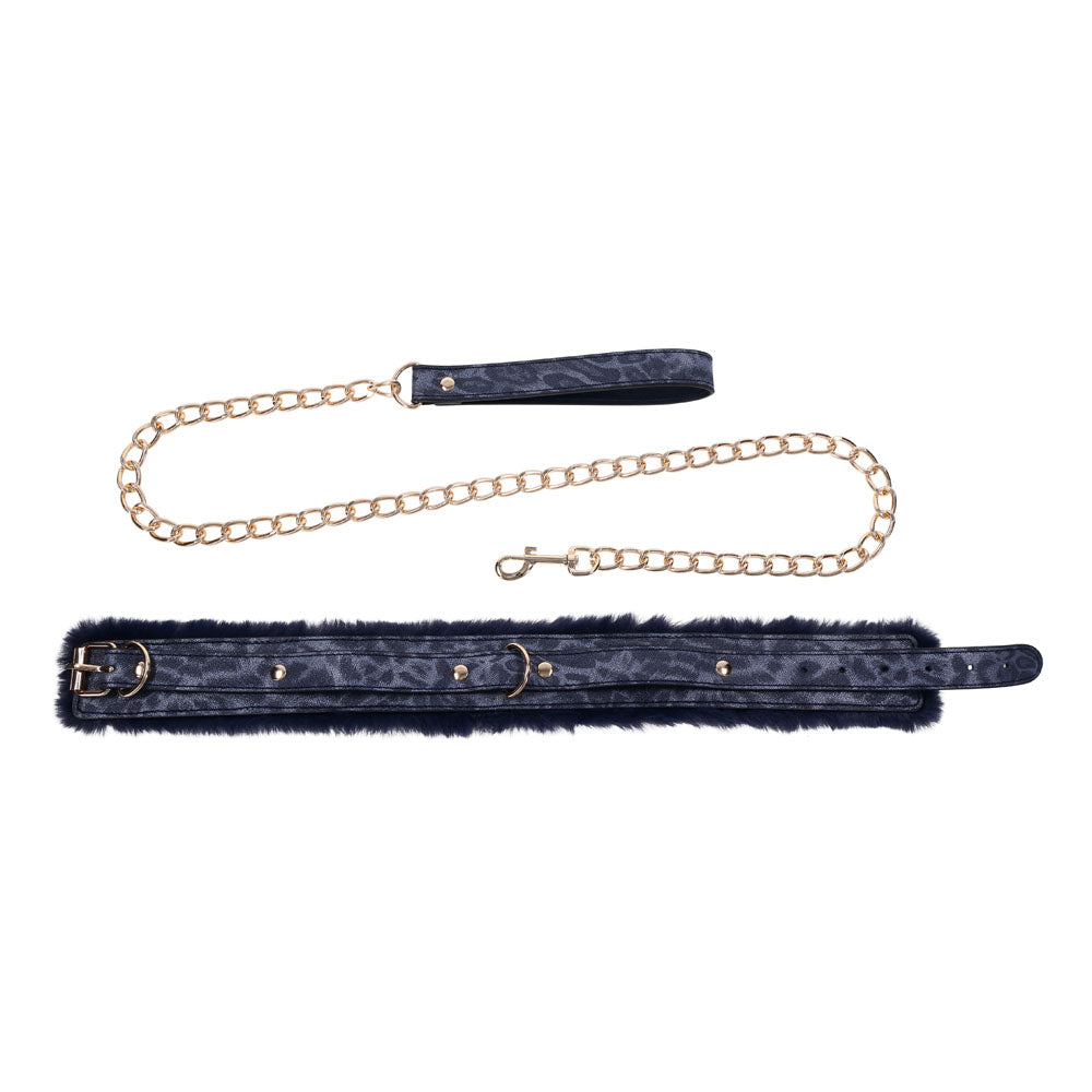 Sex & Mischief Cougar Fur Collar & Leash - Navy Blue/Gold Furry Restraint - Hush Store Sydney 