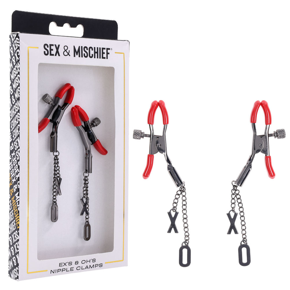 S&M Exs & Ohs Nipple Clamps - Red Tipped Metal Nipple Clamps - Set of 2 - Hush Store Sydney 