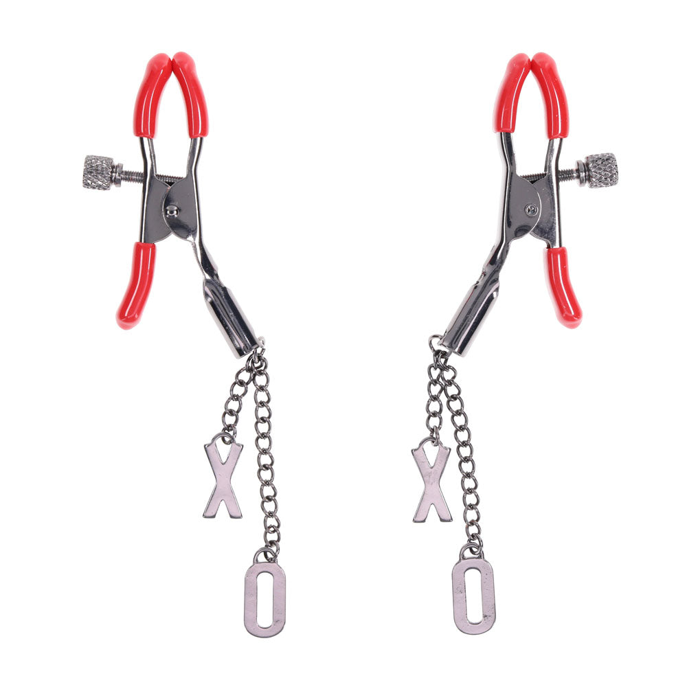 S&M Exs & Ohs Nipple Clamps - Red Tipped Metal Nipple Clamps - Set of 2 - Hush Store Sydney 