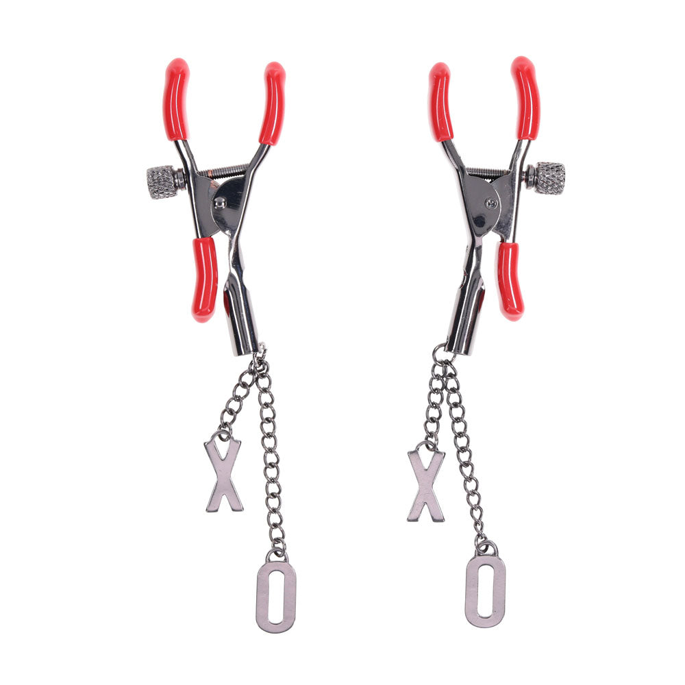 S&M Exs & Ohs Nipple Clamps - Red Tipped Metal Nipple Clamps - Set of 2 - Hush Store Sydney 