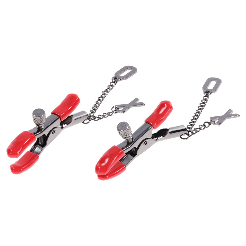 S&M Exs & Ohs Nipple Clamps - Red Tipped Metal Nipple Clamps - Set of 2 - Hush Store Sydney 
