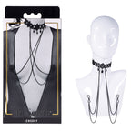 Sex & Mischief Lace Collar with Nipple Ties - Black Neck and Nipple Restraints