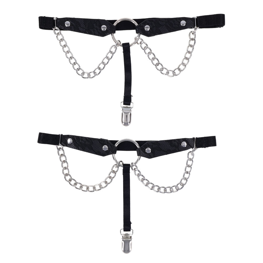 Sex & Mischief Chain Lace Garters - Black/Metal Garters