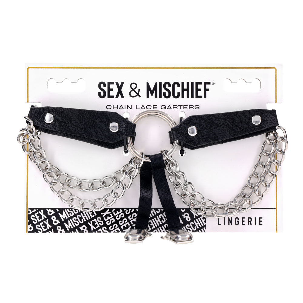 Sex & Mischief Chain Lace Garters - Black/Metal Garters