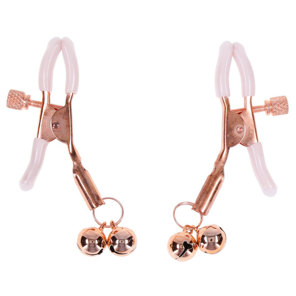 Sex & Mischief Peaches n CreaMe Bell Nipple Clamps - Peach/Rose Gold Nipple Clamps with Bells - Set of 2 - Hush Store Sydney 