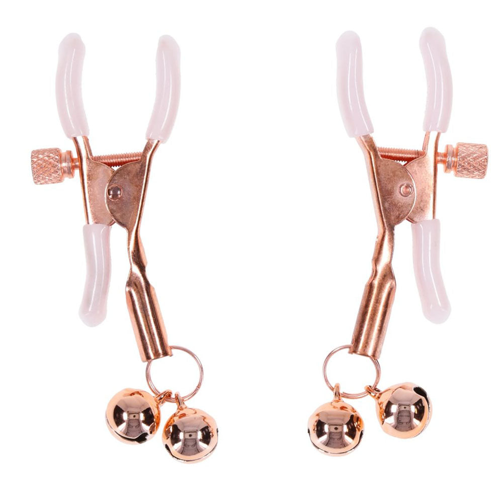 Sex & Mischief Peaches n CreaMe Bell Nipple Clamps - Peach/Rose Gold Nipple Clamps with Bells - Set of 2 - Hush Store Sydney 