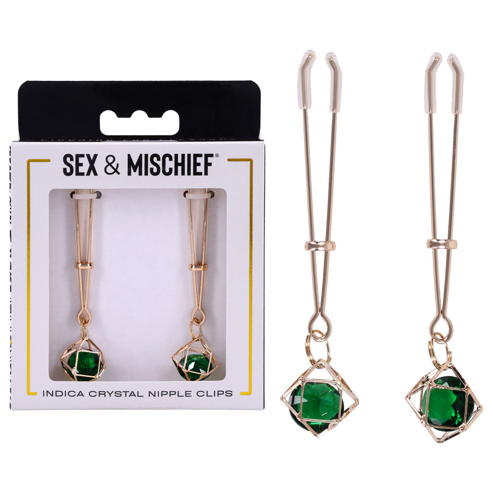 Sex & Mischief Indica Crystal Nipple Clips - Gold Nipple Clips with Emerald Gems - Hush Store Sydney 
