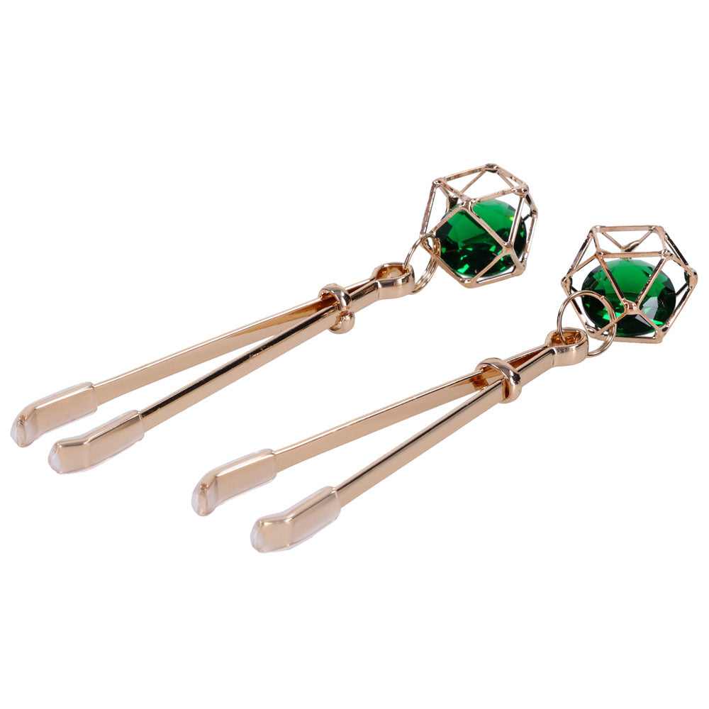Sex & Mischief Indica Crystal Nipple Clips - Gold Nipple Clips with Emerald Gems - Hush Store Sydney 
