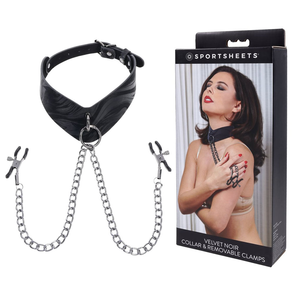 SPORTSHEETS Velvet Noir Collar & Removable Clamps - Black Neck & Nipple Restraints - Hush Store Sydney 