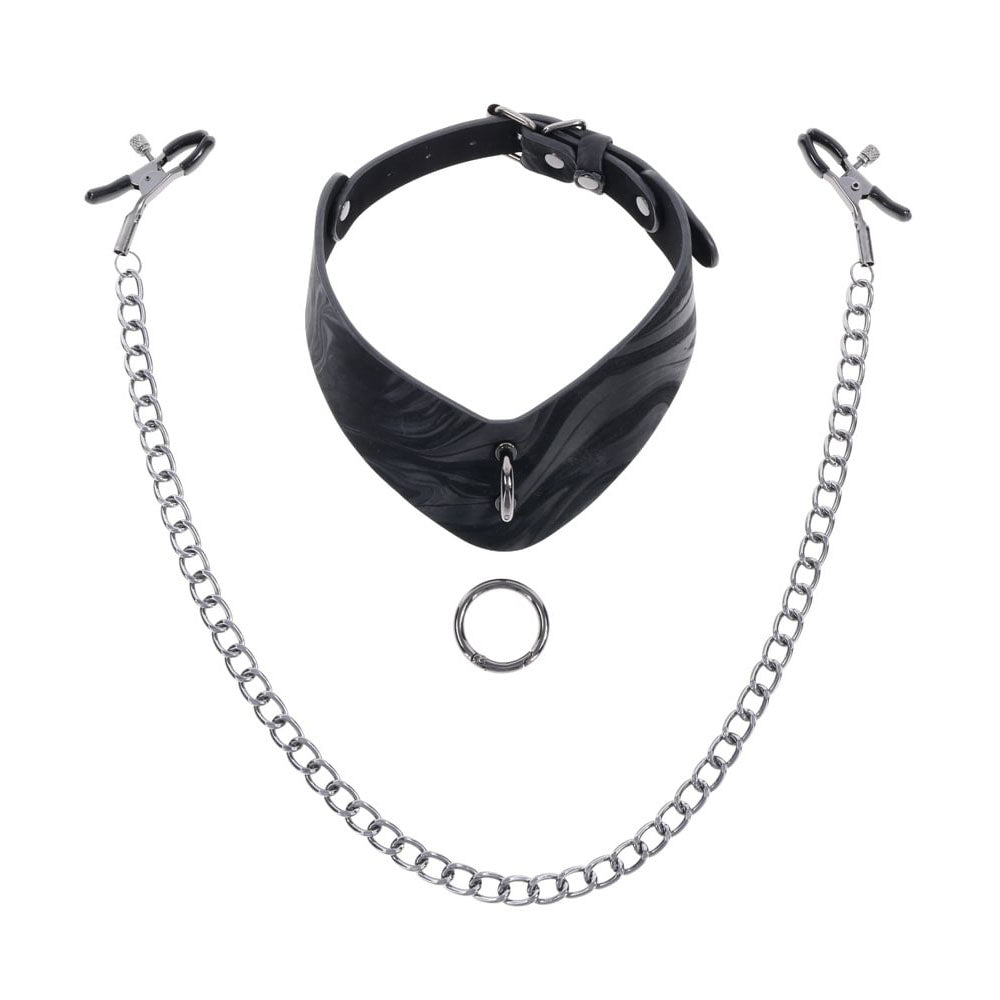SPORTSHEETS Velvet Noir Collar & Removable Clamps - Black Neck & Nipple Restraints - Hush Store Sydney 