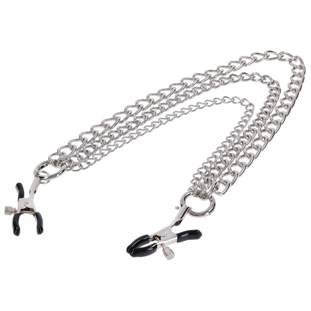 SPORTSHEETS Signature exCHAINgeable Nipple Jewelry - Silver Nipple Clamps with Chain