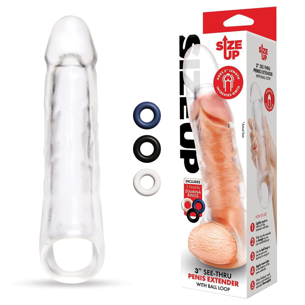 Size Up 3 Inch See-Thru Penis Extender with Ball Loop - Clear 7.6 cm (3'') Penis Extension Sleeve - Hush Store Sydney 
